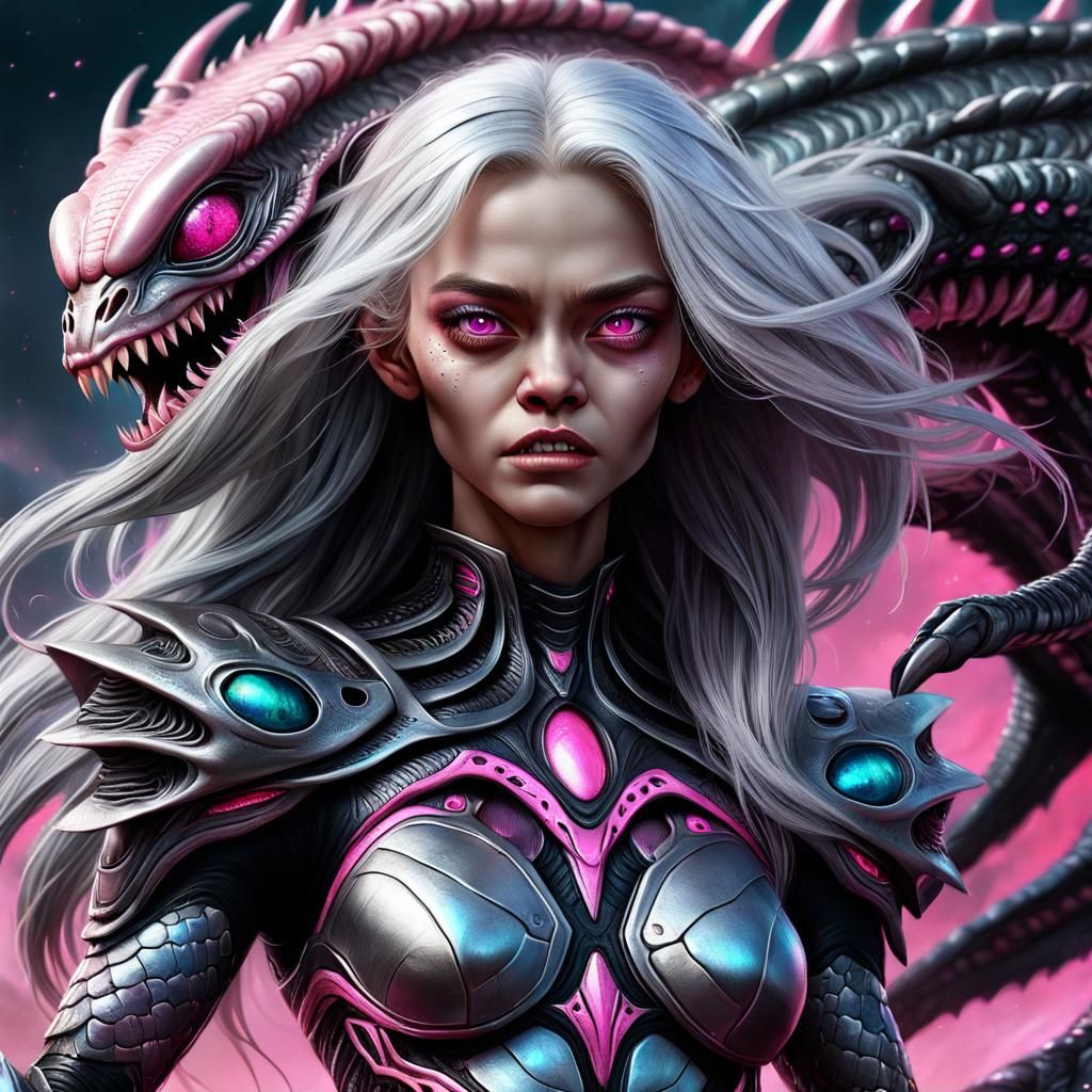 Hyperrealistic Alien Woman with Scales and Fangs