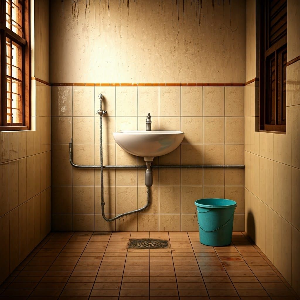 Humble Indian Bathroom with Bucket and Tap