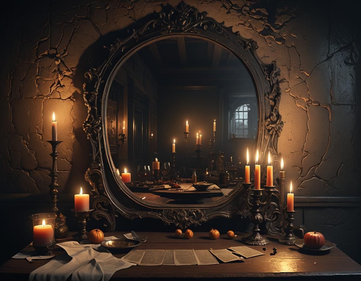 Eerie Mirror Reflects Candlelight: Baroque Dark Fantasy