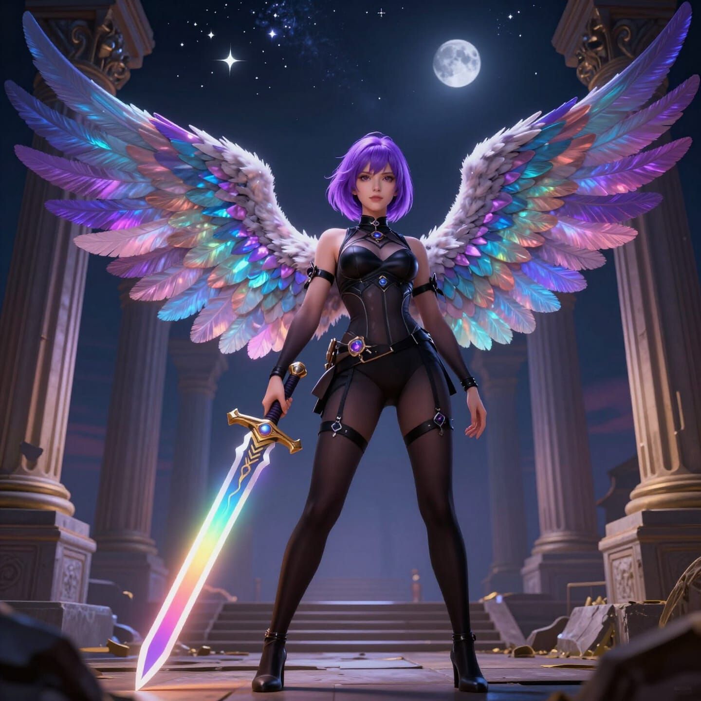 Transgender Angel in Ruined Temple with Rainbow Wings