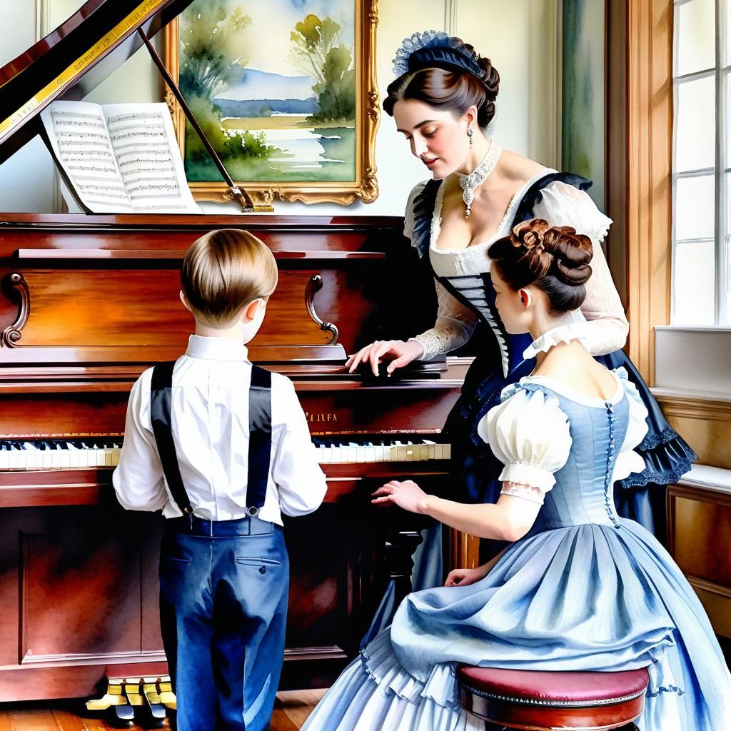 Victorian Woman Giving Piano Lesson, Watercolor Painting