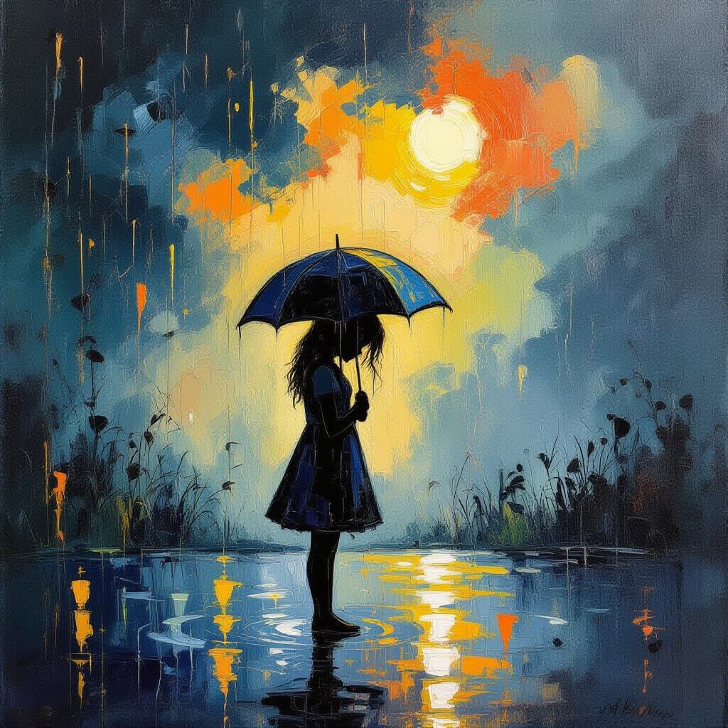 Melancholic Girl in Abstract Rainstorm Oil Painting