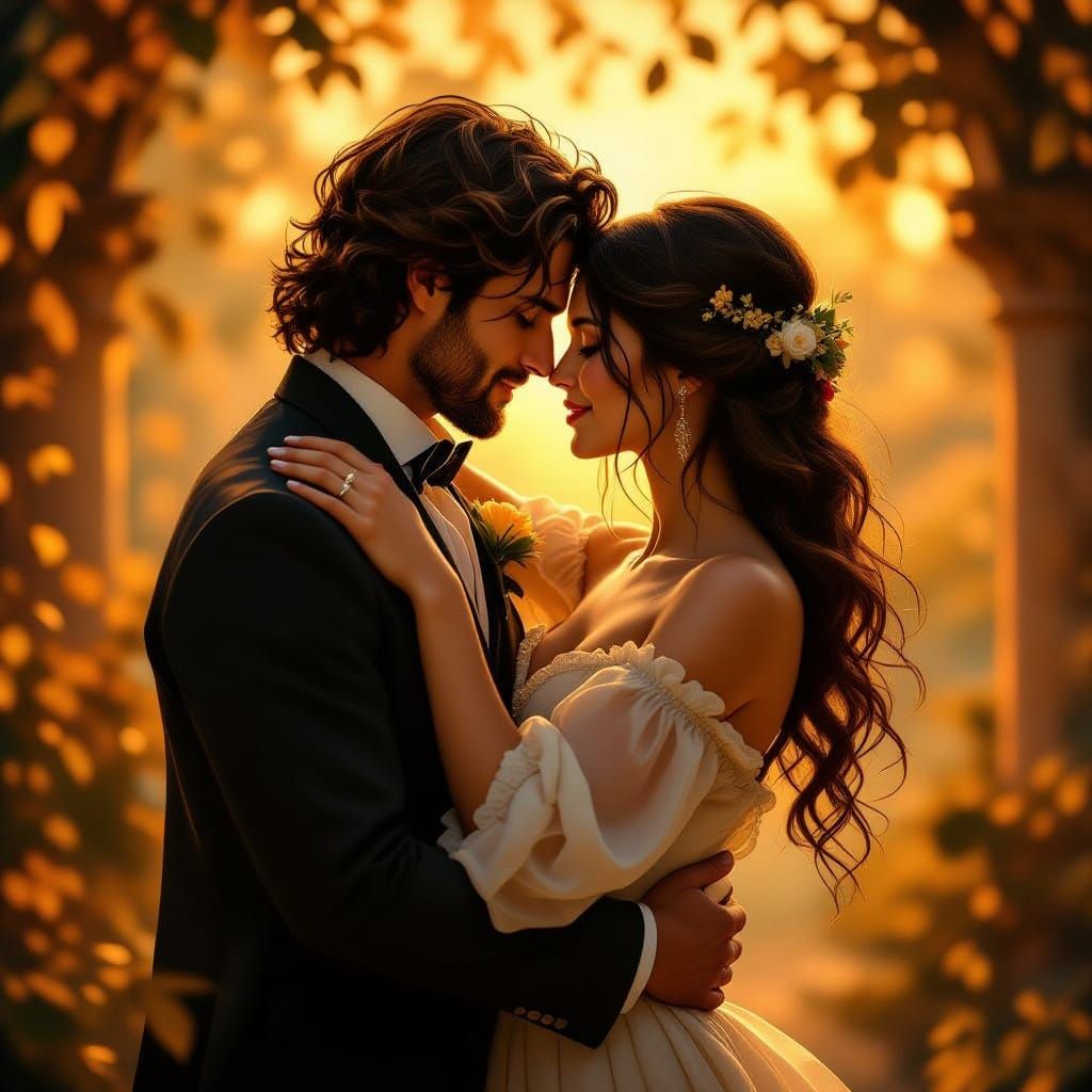 Romantic Couple Embracing in Golden Hour Glow