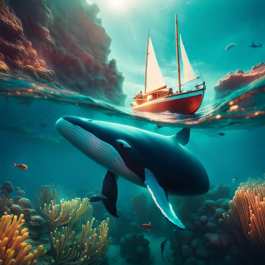 Epic Whale and Tiny Boat Split-Level Photo