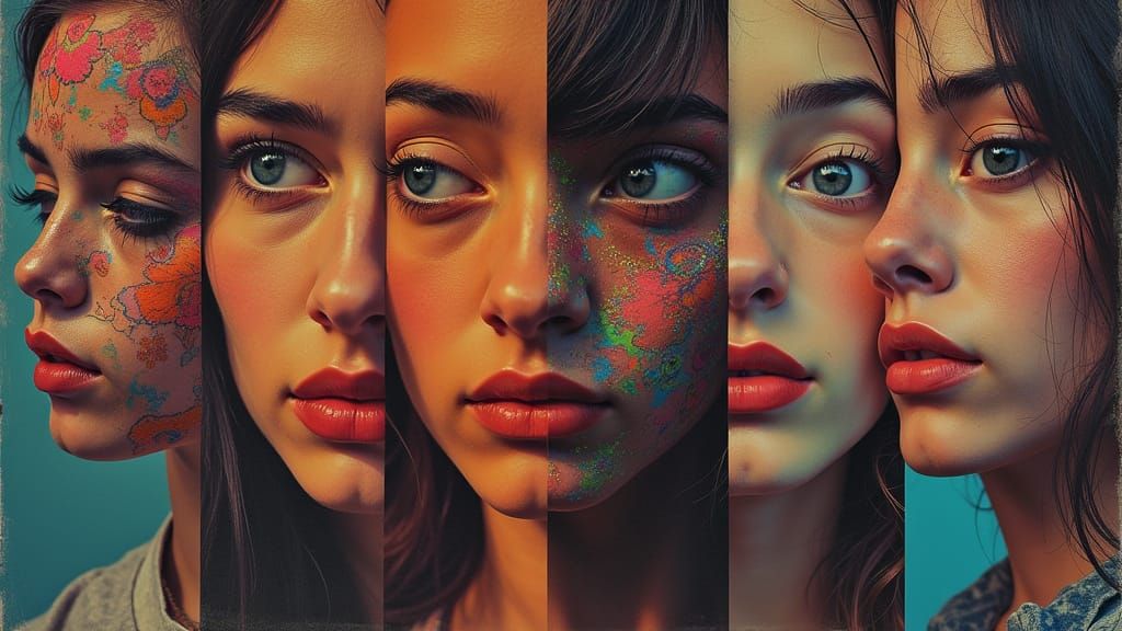 Psychedelic 1960s Band Collage with Four-Faced Members