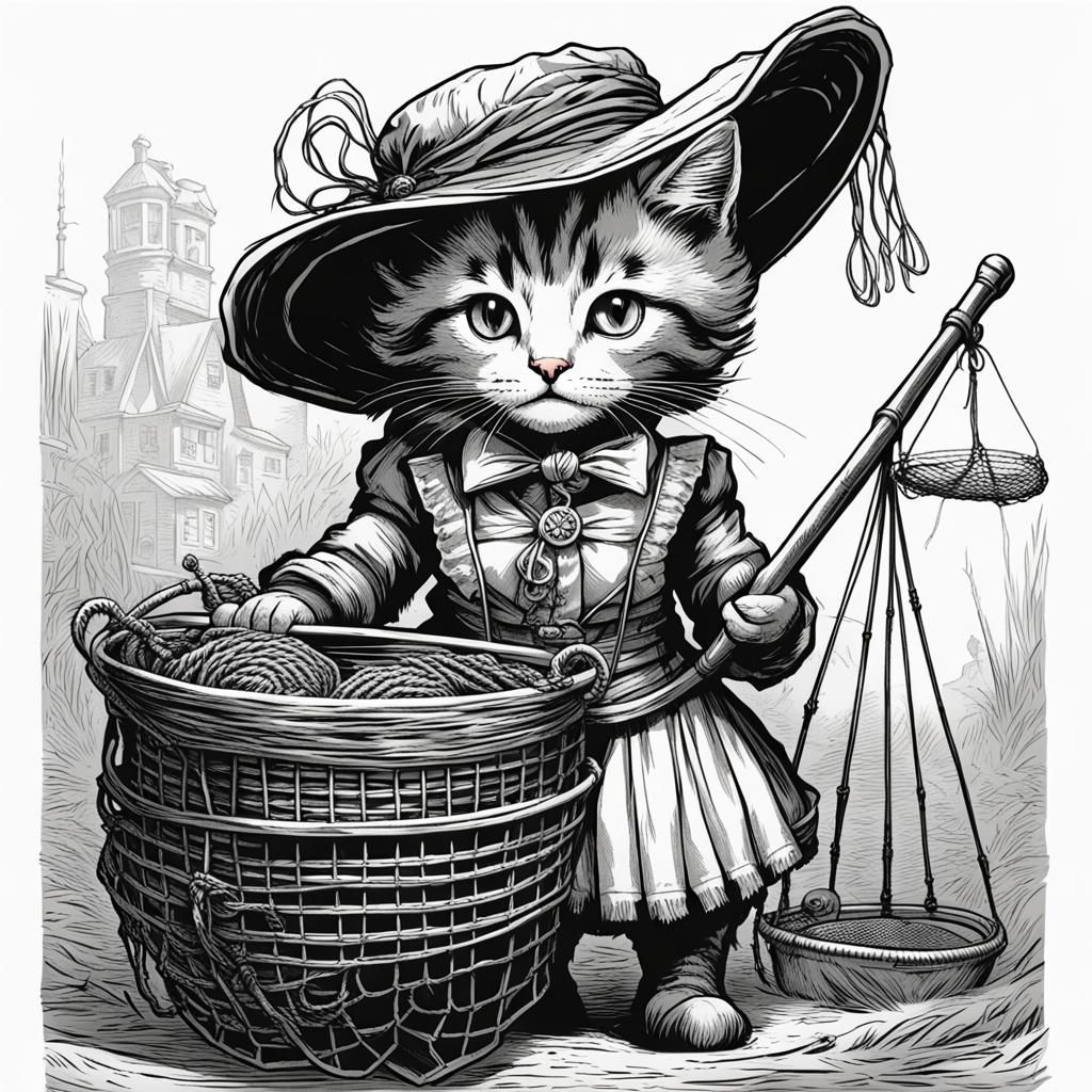 Victorian Kitten Fisherwoman in Tenniel Style