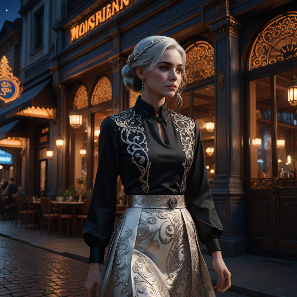 Elegant Woman Strolls Under Midnight Moonlight in Luxury Set...