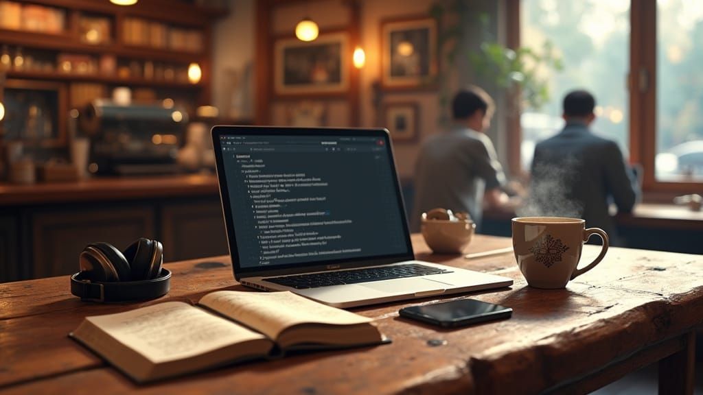 Cozy Coffee Shop Scene with MacBook Pro and 3D Anime Art