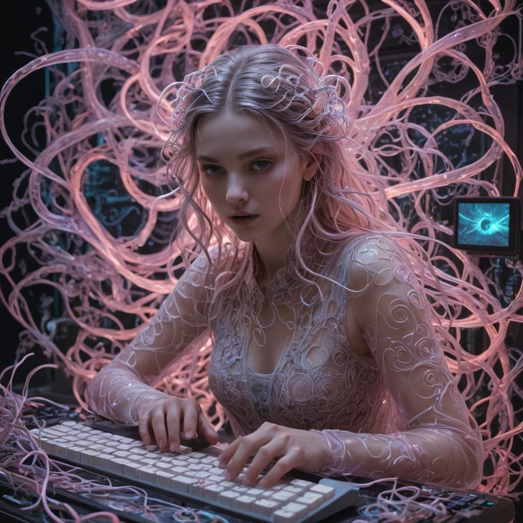 Ethereal Lurker Overlooks Social Media in Neon Colors