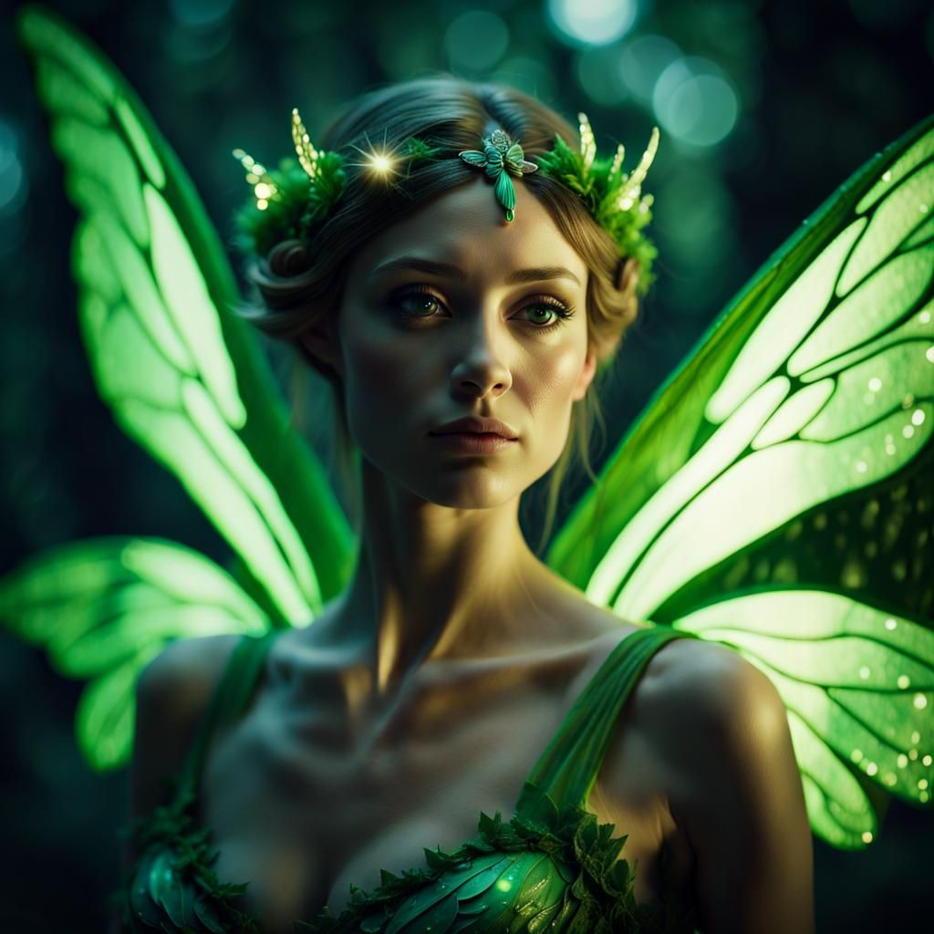 Green Forest Fairy Shimmering in Moonlight