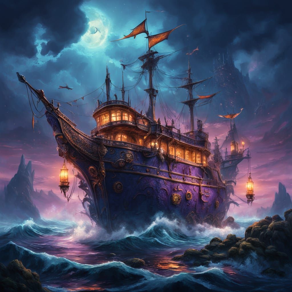 Ironclad Vessel on Twilight Ocean in Fantasy Art Style