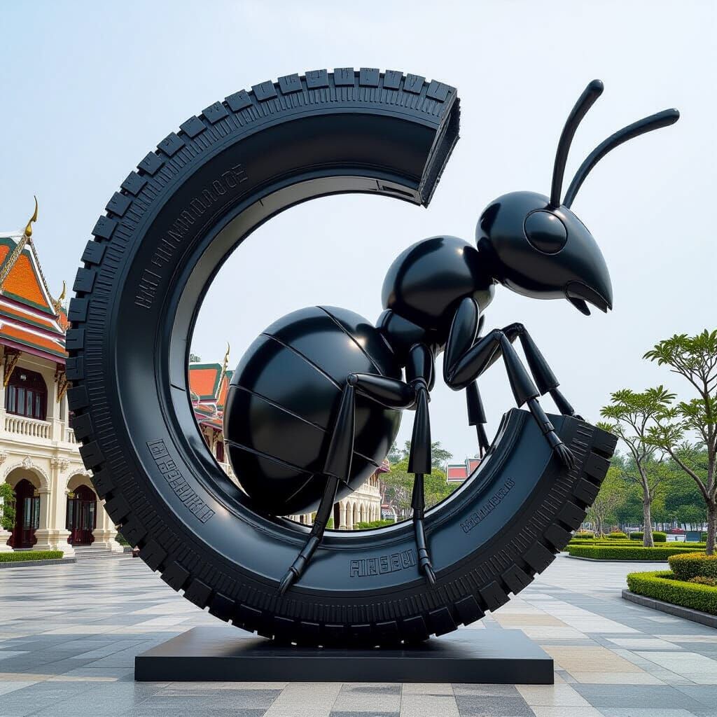 Tire Ant Sculpture in Cubist Assemblage Style