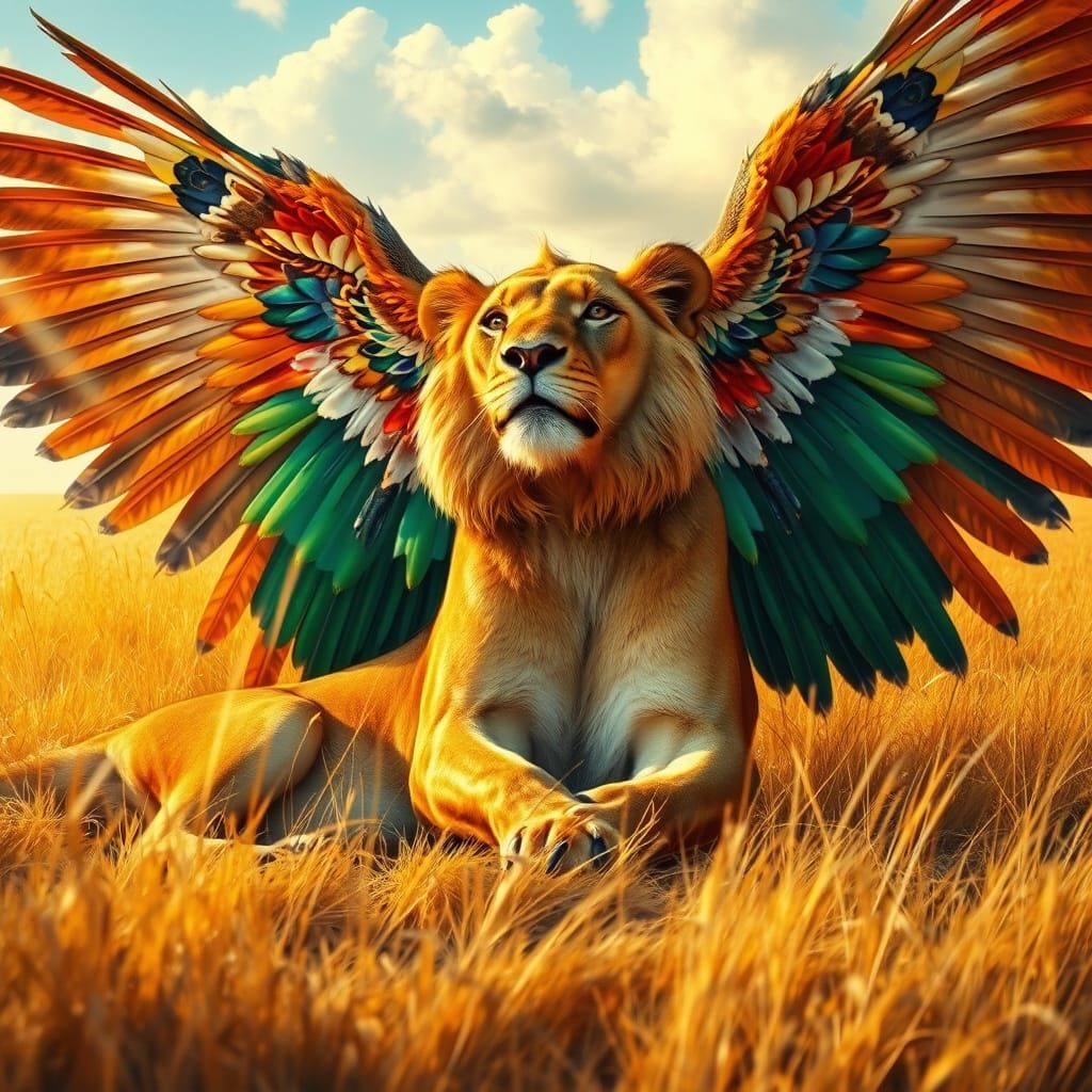 Majestic Lioness with Wings of an Egyptian Vulture Soars Ove...