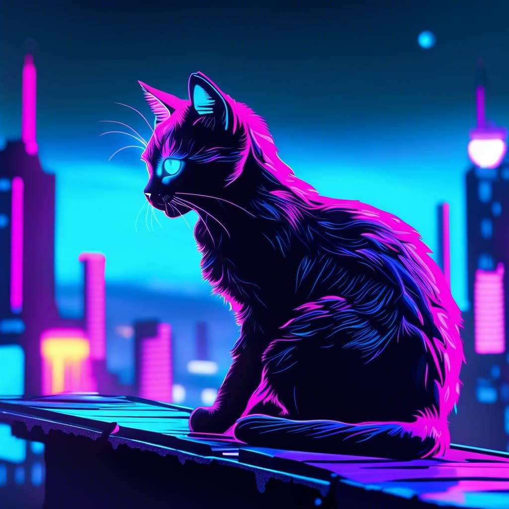 Fluorescent Cyberpunk Cat on Roof at Night