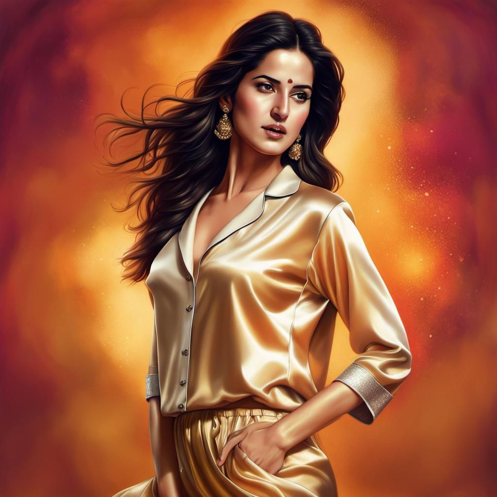 Attractive Woman in Golden Pajamas: Hyperrealistic Digital A...