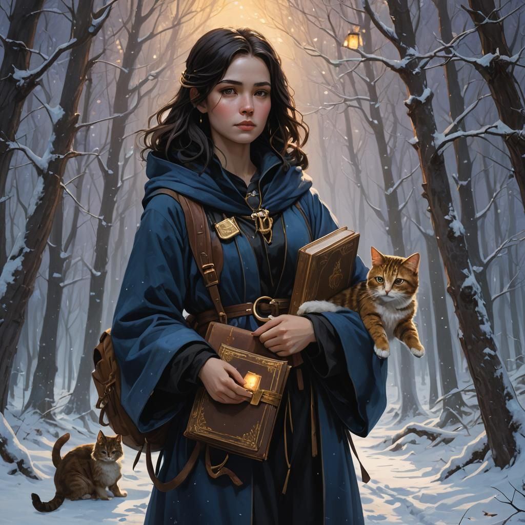 Girl with Books in Snowy Forest, Dark Fantasy Art