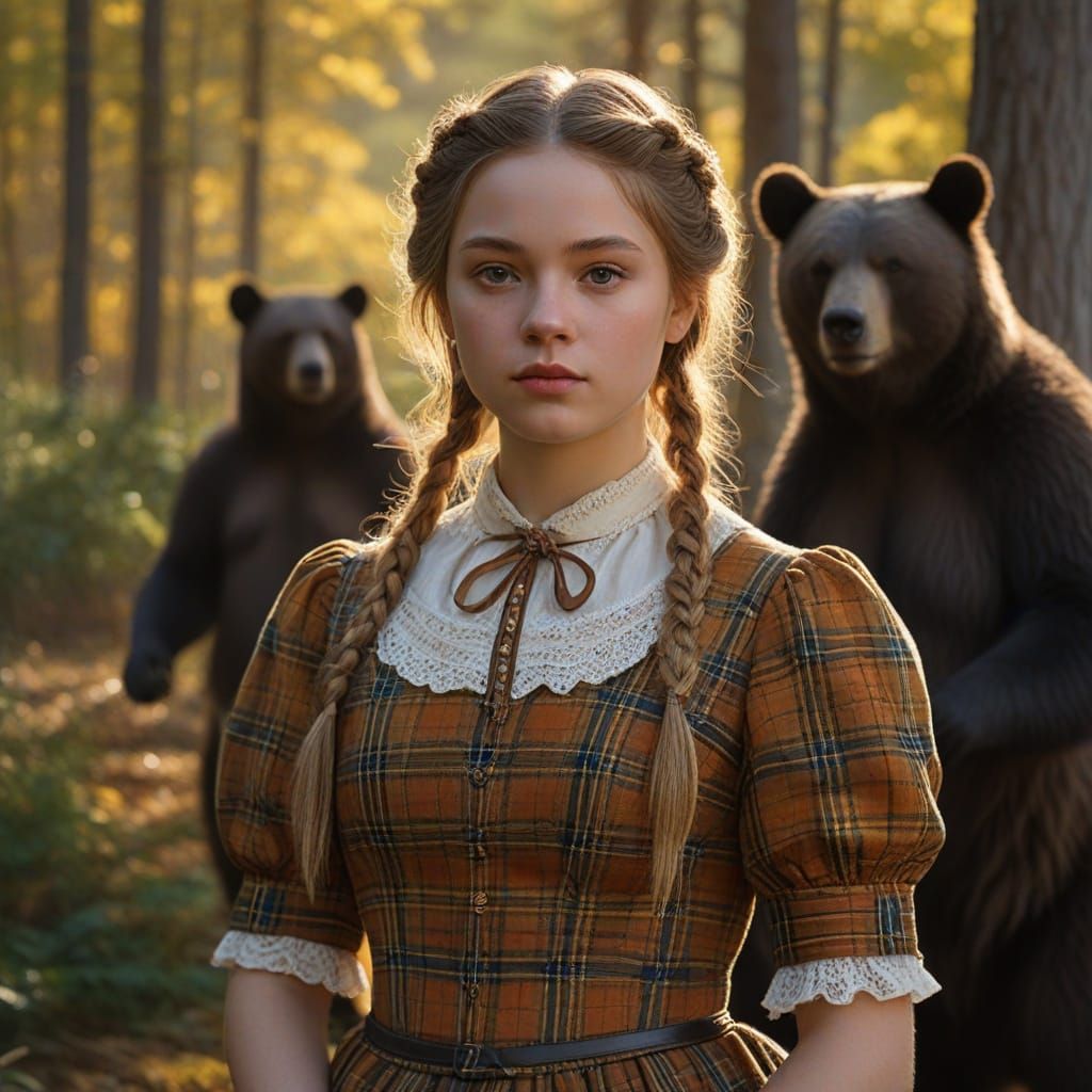 Victorian Girl Commands Bears Attention in Oil Painting