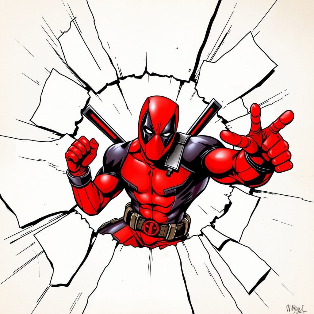 Deadpool Emerges from a Torn Comic Book Page in a Burst of H...