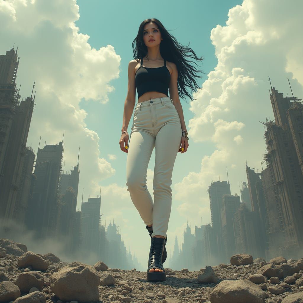Gigantic Giantess Towers Over Ruined Cityscape in Stunning L...