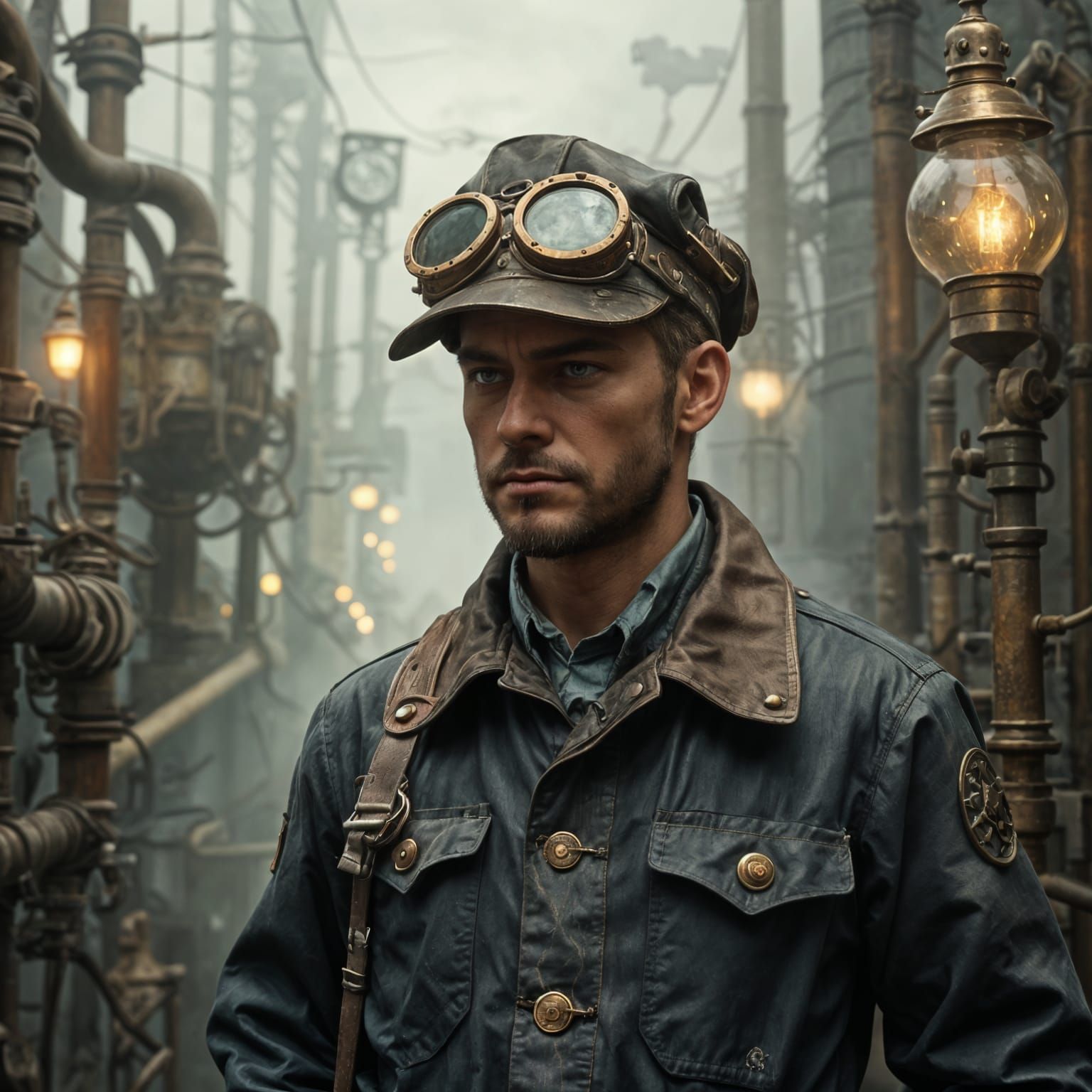 Steampunk Engineer in Industrial Fantasy Landscape