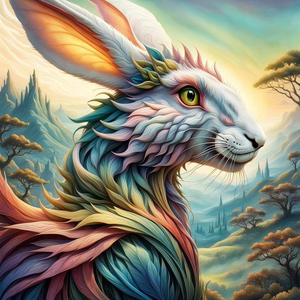 Rabbit Dragon Portrait in Whimsical Fantasy Art