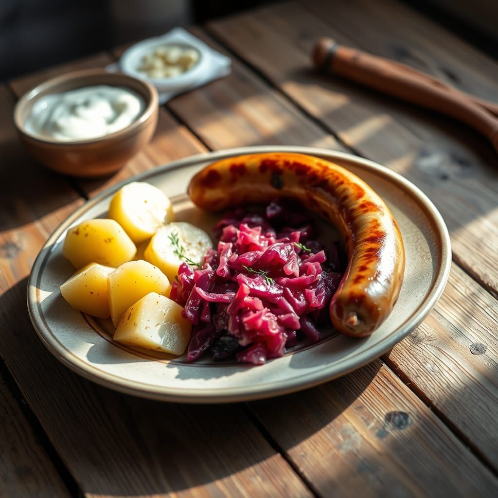 German Meal with Bratwurst and Red Cabbage