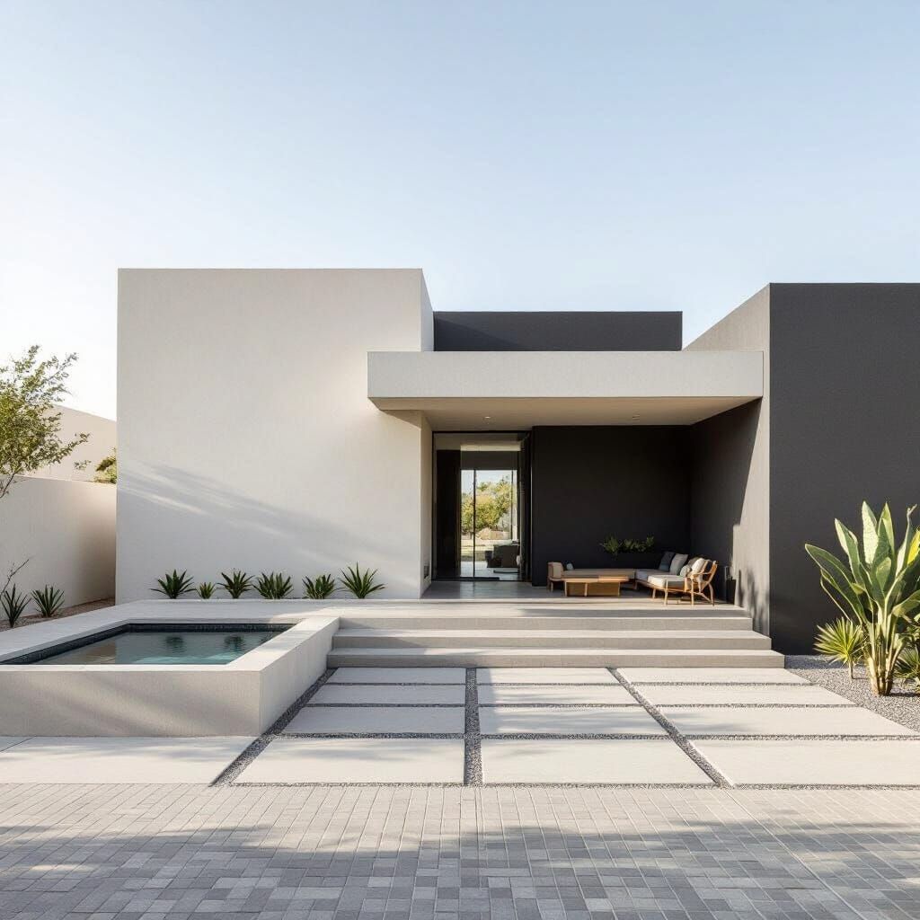 Exterior daytime view of a small, modern Mexican house designed with minimalist architecture and intelligent space use. ...