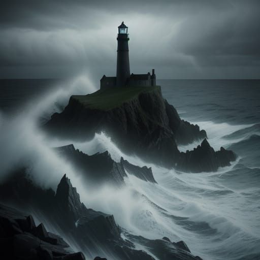 Gothic Lighthouse in Stormy Seas: Dark Fantasy Art