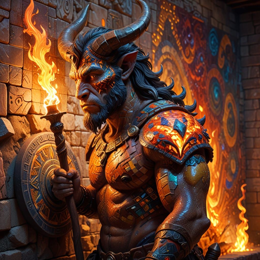 Das kunstvolle Mosaik des Minotaurus, angefertigt aus  versc...