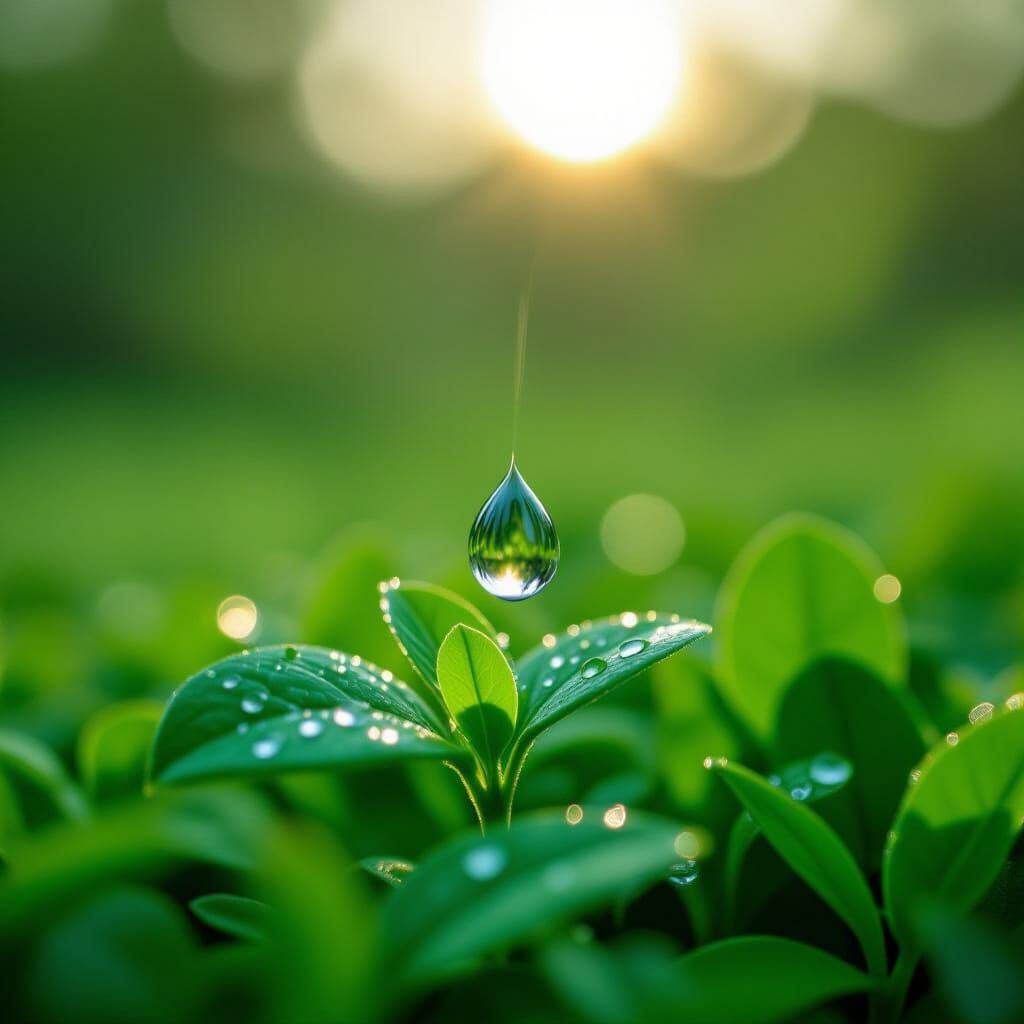 Perfect Raindrop Suspended in Lush Garden