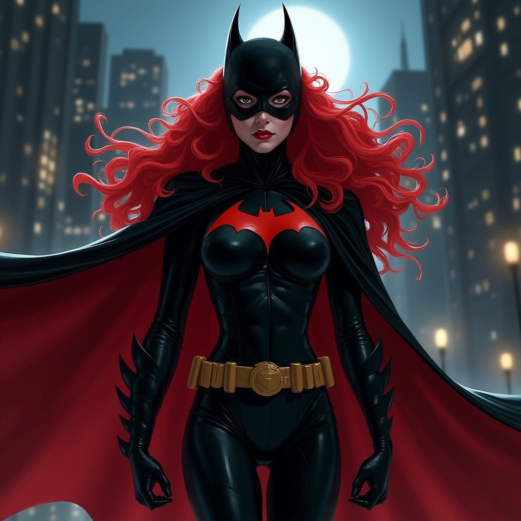 Batgirl in Black Leather with Flowing Red Hair and Cape