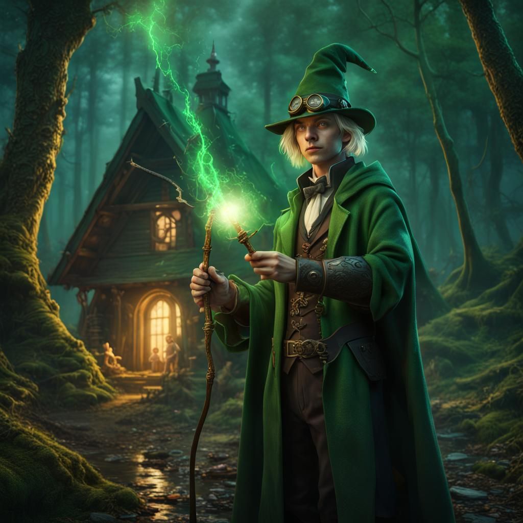 Steampunk Wizard with Glowing Staff by Riverbank