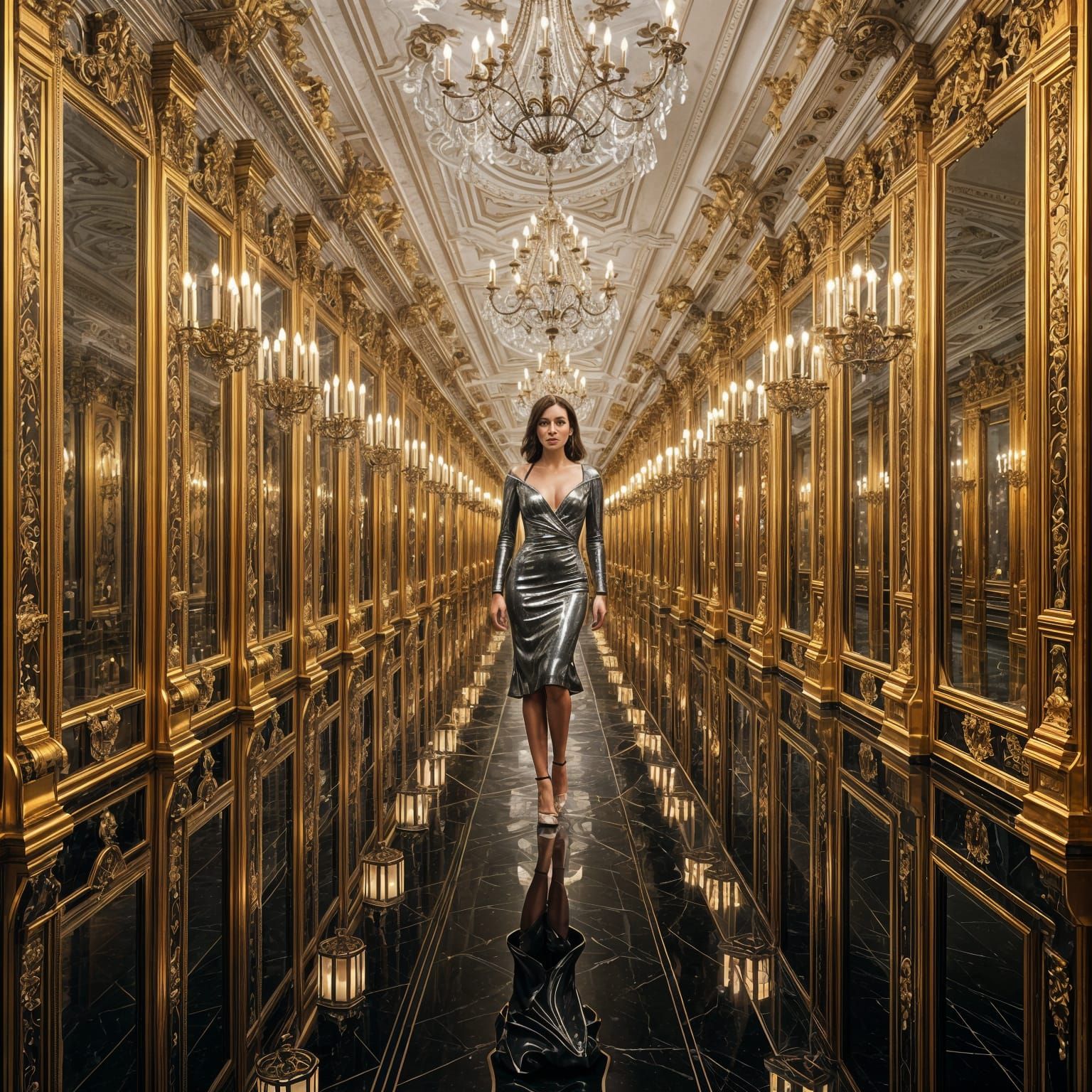 Elegant Baroque Hallway with Infinite Reflections
