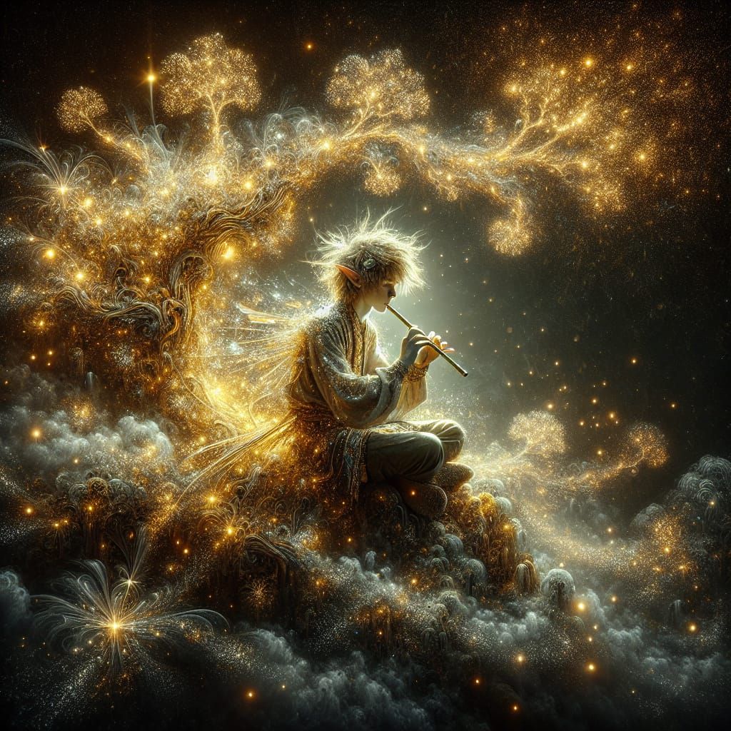 Elf Musician Under Golden Tree at Night