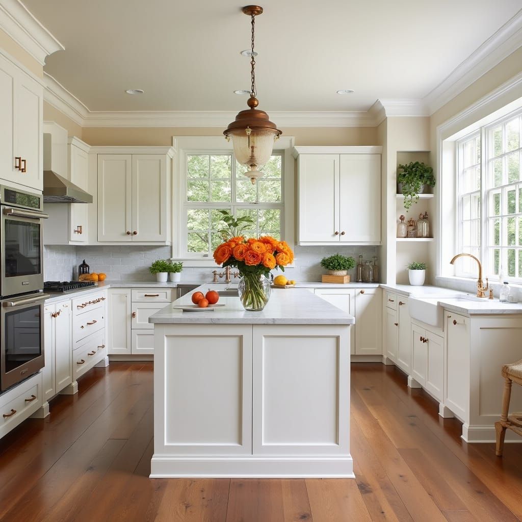 Colonial-Style Kitchen with Warm Wood Tones and Copper Accen...