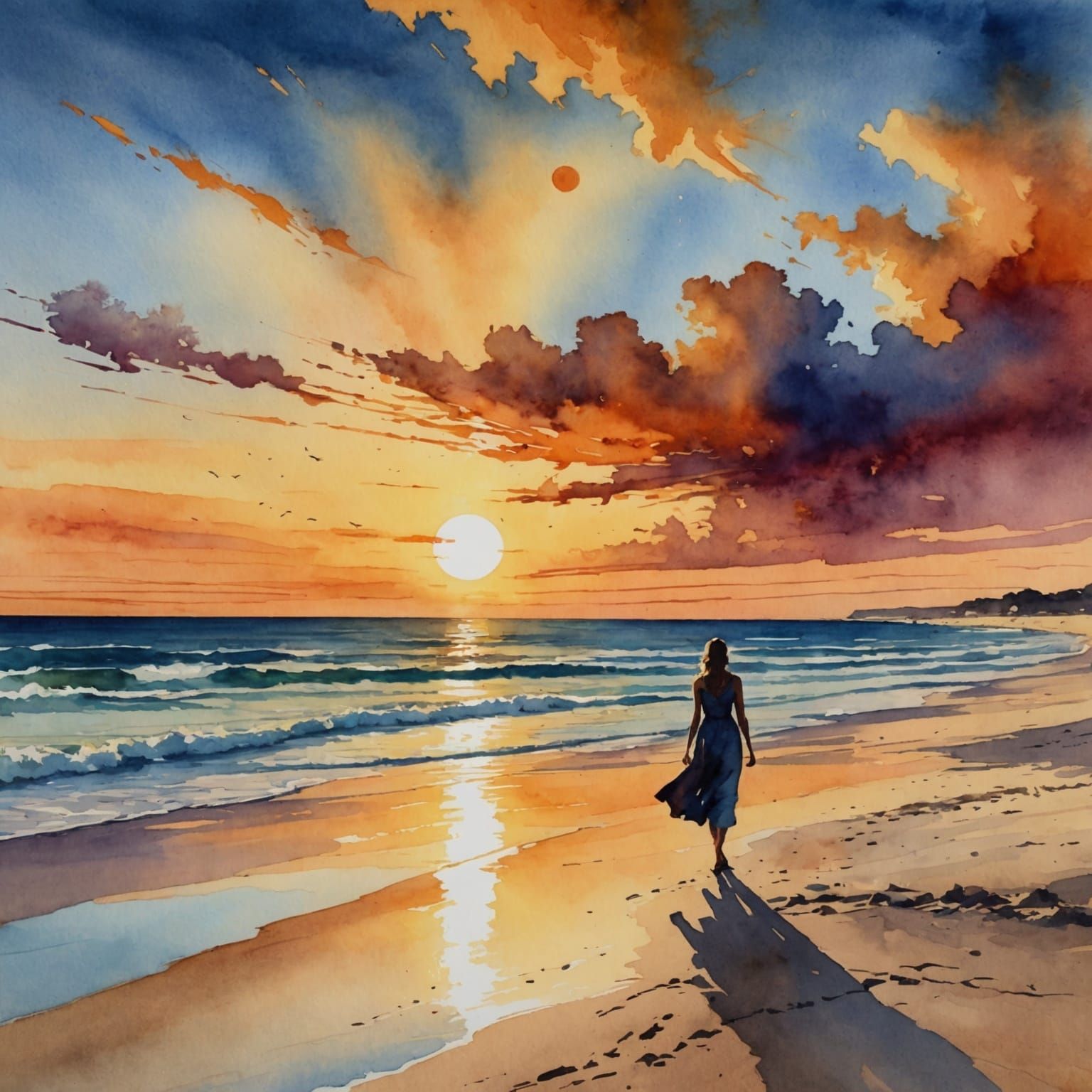 Sunset Beach Watercolor Painting with Woman Walking