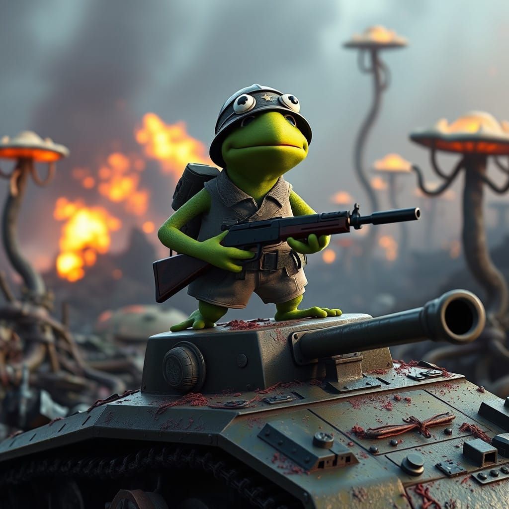 Kermit the Frog in WWII Epic, Cyberpunk-Inspired Matte Paint...