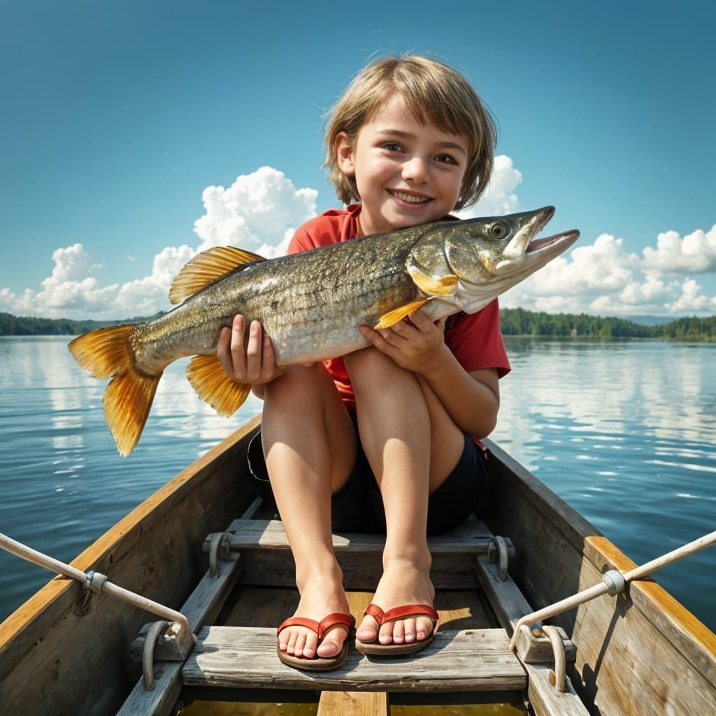 Happy Girl with Pike on Summer Lake