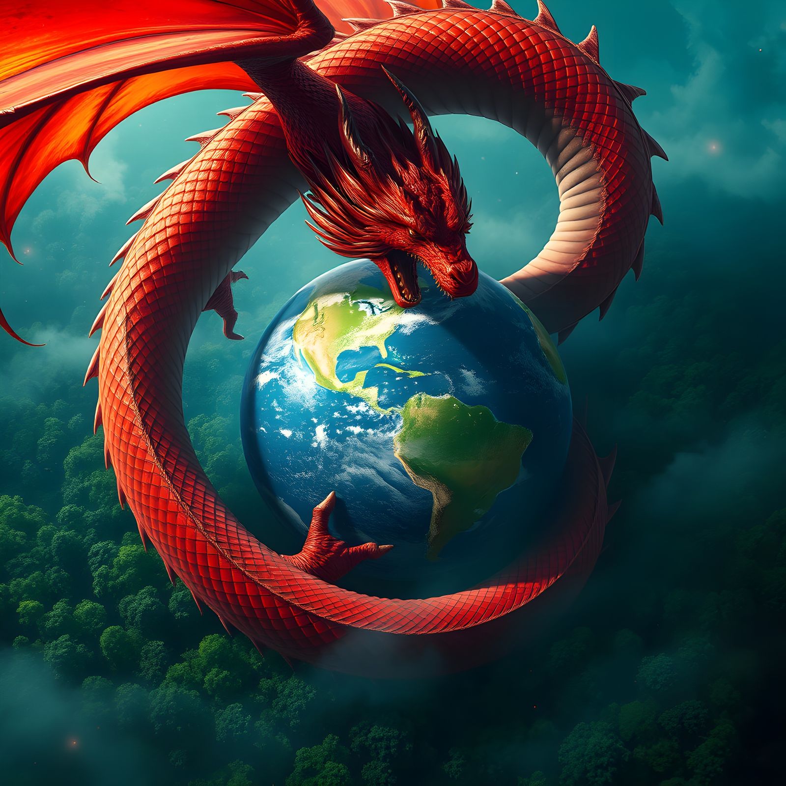 Red Dragon Dominates Earth in Fantasy Art