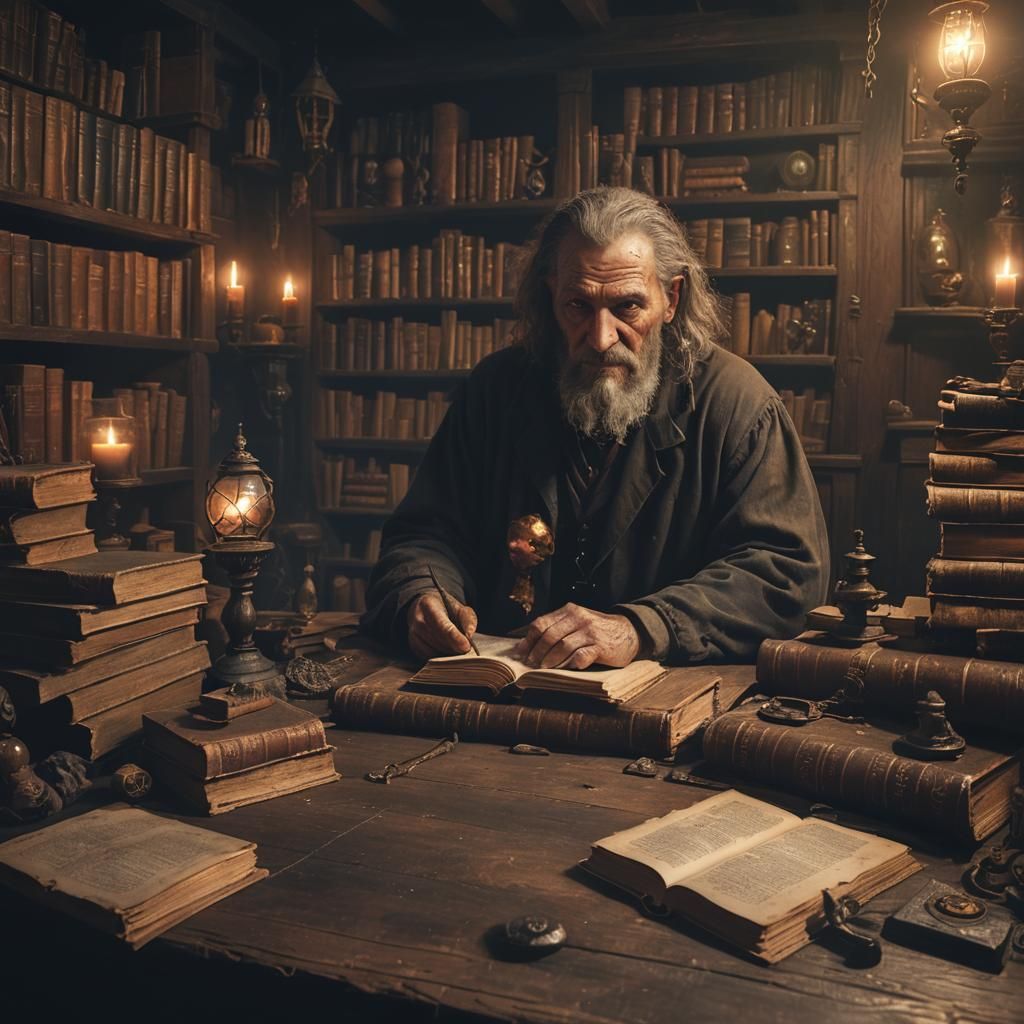 Dark Fantasy Librarian in Matte Painting Style