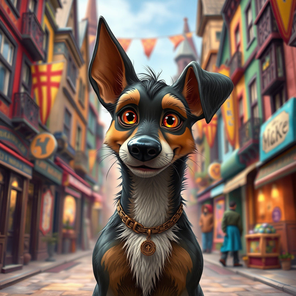 Canine Character in Whimsical Cityscape Illustration