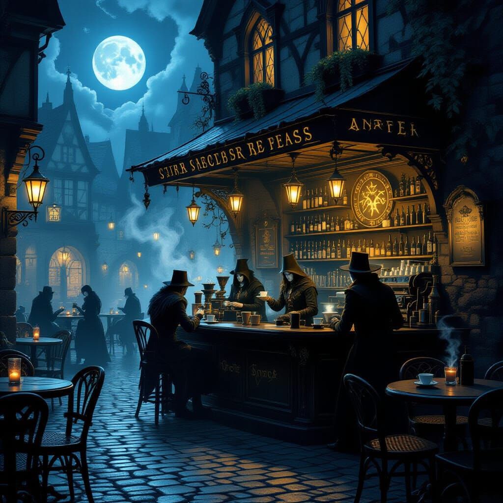 Gothic Coffeehouse with Spectral Baristas Under Moonlight
