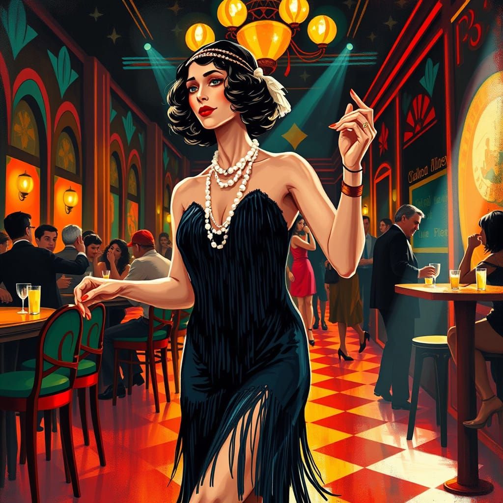 Flapper Girl Dances Charleston in Art Deco Speakeasy