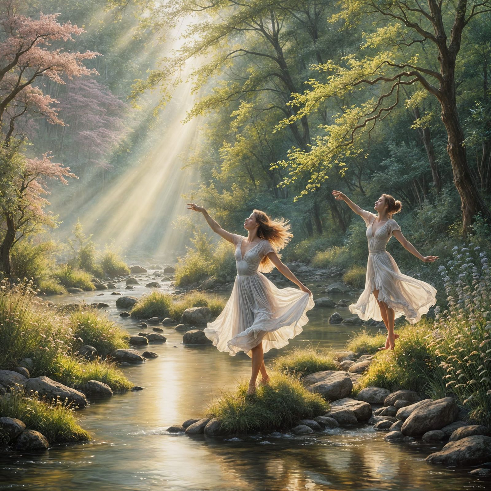 Ethereal Dancer in Morning Light by Stream