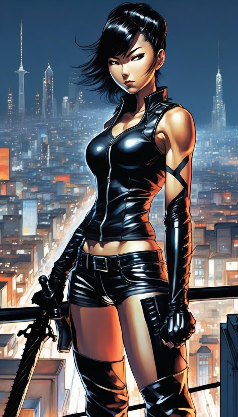 Anime-Style Portrait of Yuka Abe in Futuristic Cityscape