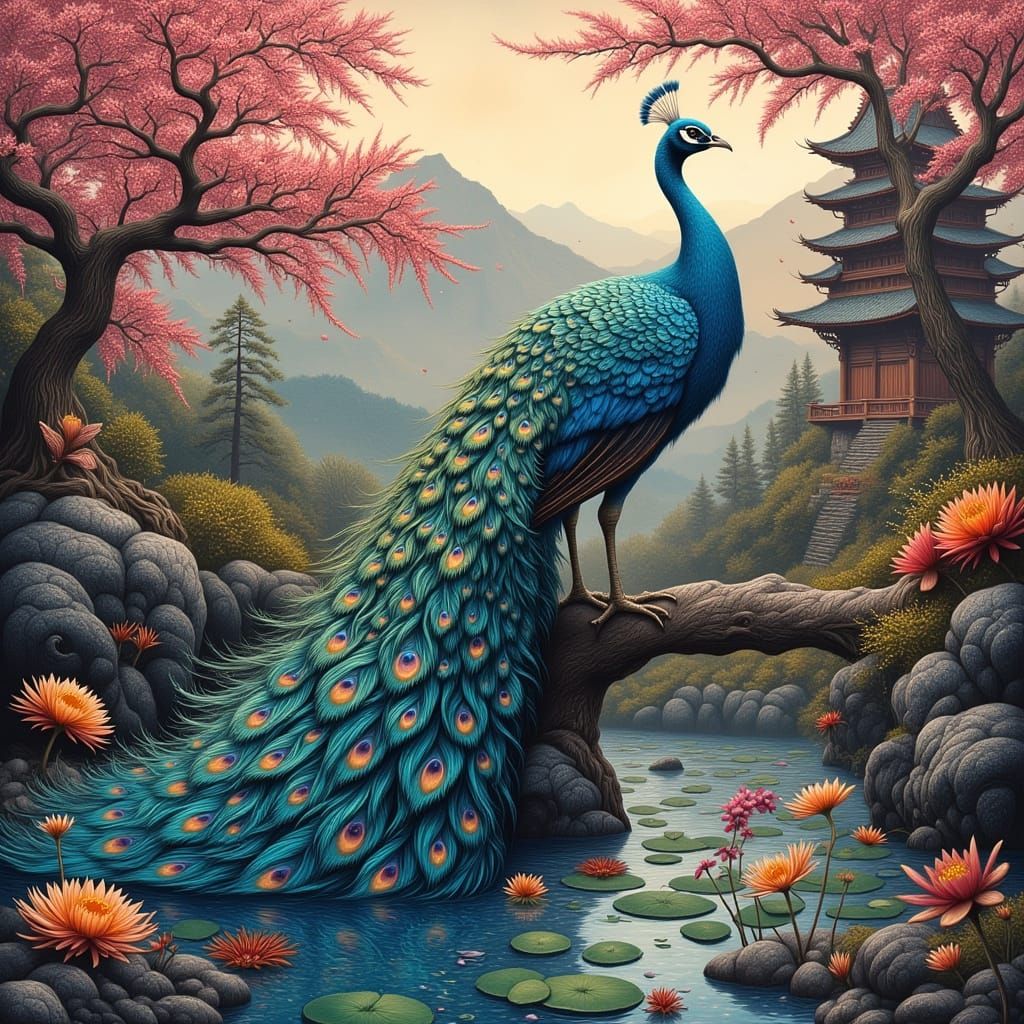 Majestic Blue Fantasy Peacock in a Japanese Garden Oasis