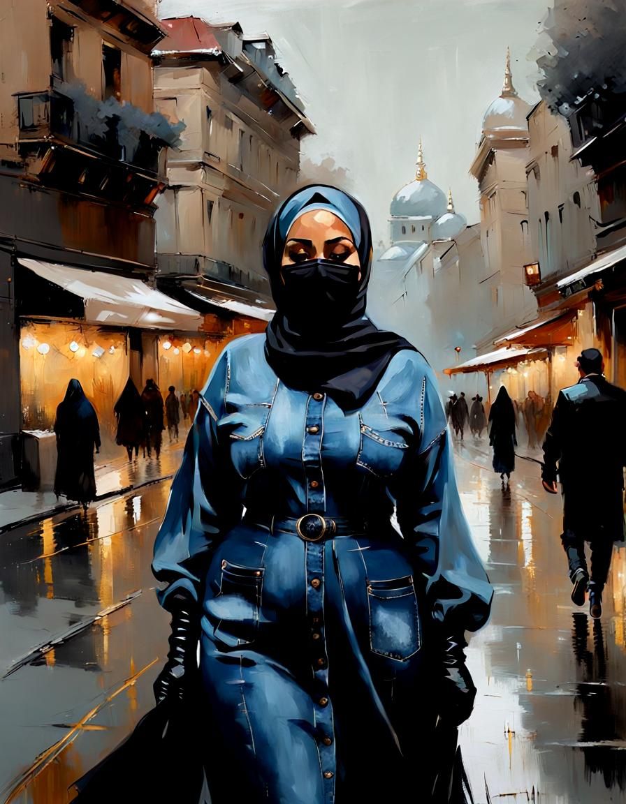 European Woman in City, Jeremy Mann Oil Painting