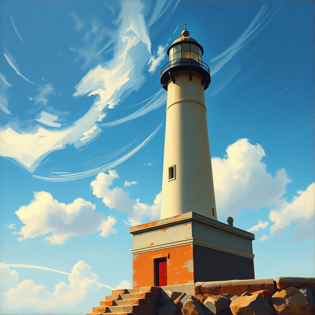 Dramatic Lighthouse Silhouette in Oil Painting Style