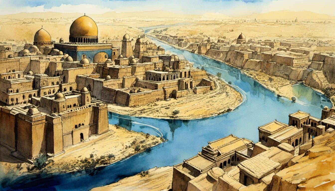 Babylon Rivers: Watercolor Masterpiece in Contrasting Colors