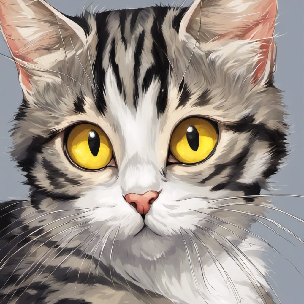 Tricolor Cat with Yellow Eyes in Anime Style
